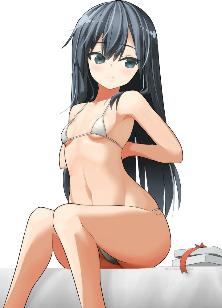 1girl, arms_behind_back, asashio_(kancolle), bed, bikini, black_hair, blue_eyes, box, breasts, cowboy_shot, feet_out_of_frame, female_focus, kantai_collection, kuronaga, long_hair, micro_bikini, simple_background, sitting, small_breasts, solo, swimsuit, white_background, white_bikini