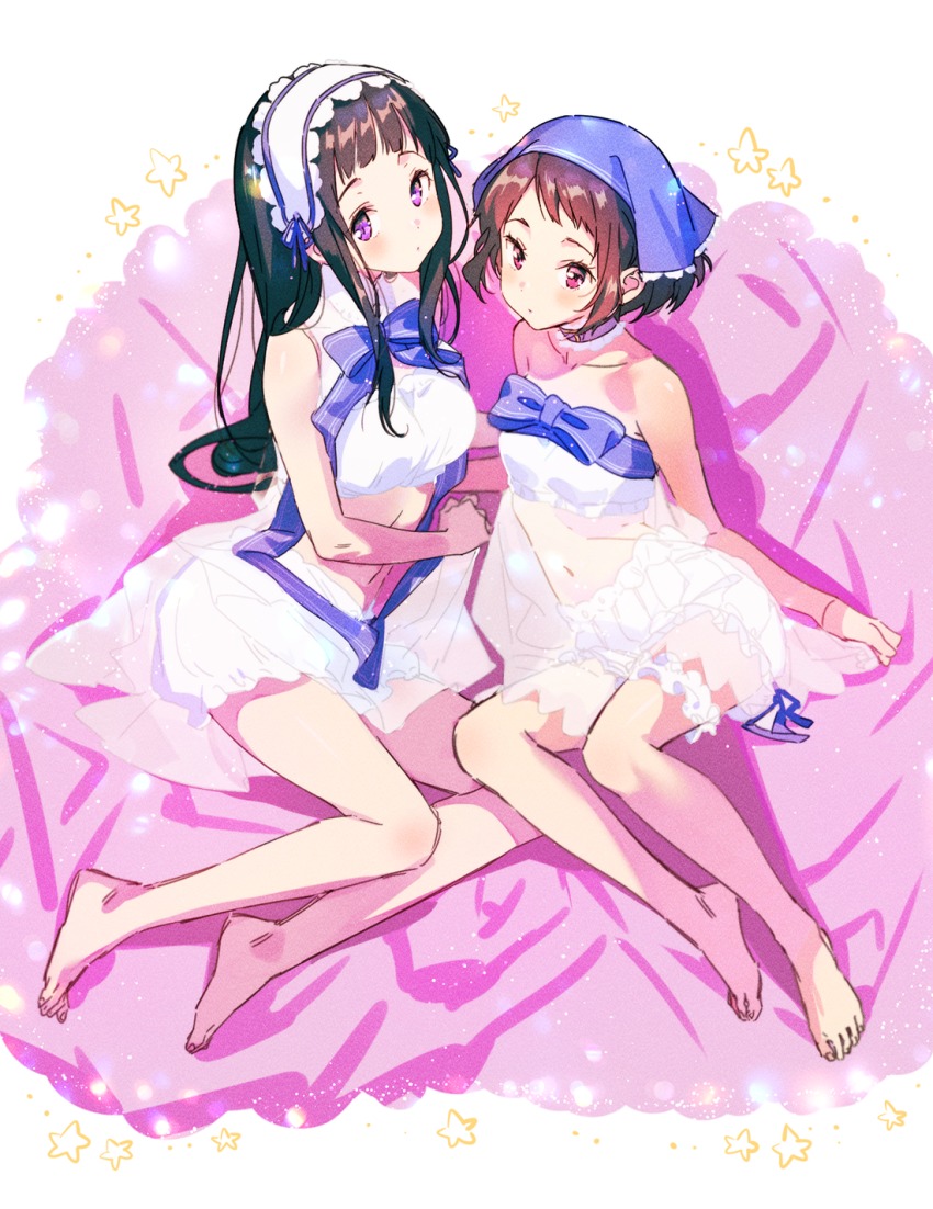 2girls, bad_id, bad_pixiv_id, barefoot, black_hair, bloomers, blush, breasts