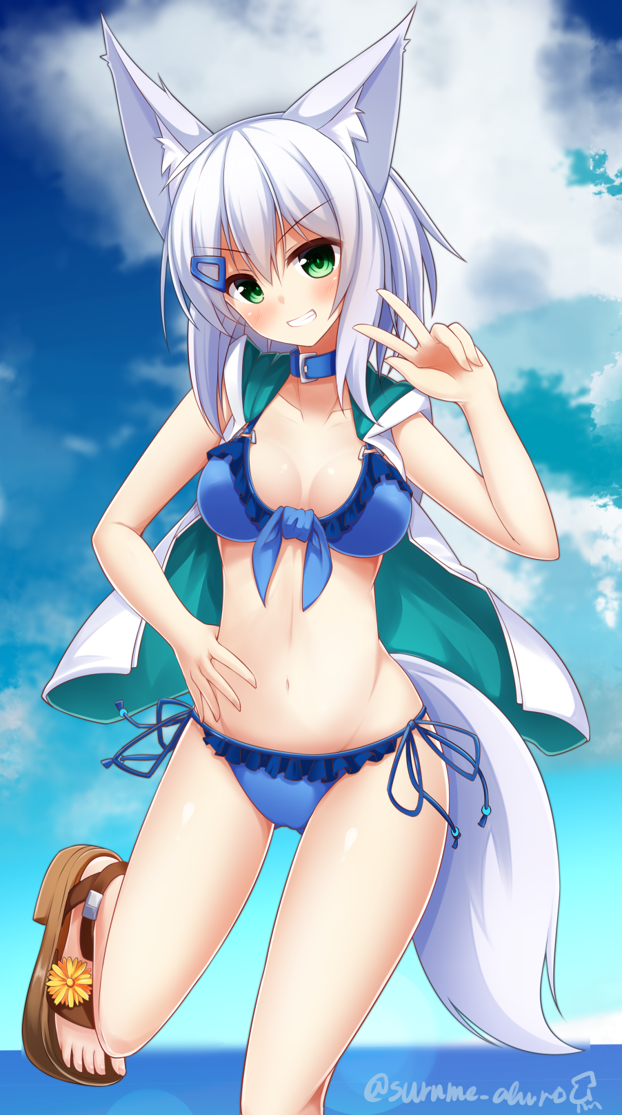1girl, animal_ears, bikini, blue_bikini, breasts, cloud, cloudy_sky, collar