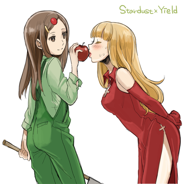 2girls, apple, apple_hair_ornament, arms_behind_back, bare_shoulders, blonde_hair, blush, brown_eyes