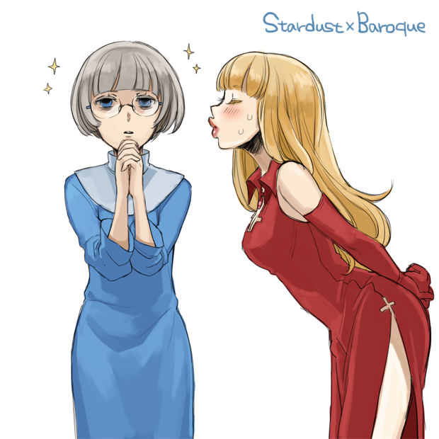 2girls, arms_behind_back, bare_shoulders, baroque_(sound_horizon), blonde_hair, blue_dress, blue_eyes, bob_cut