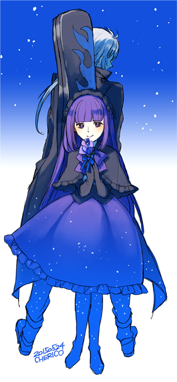 1boy, 1girl, back, black_gloves, blunt_bangs, capelet, cherico, elbow_gloves, frills, gloves, gothic_lolita, grey_hair, guitar_case, headdress, instrument_case, lolita_fashion, long_hair, looking_at_viewer, marie_marie, noel_(sound_horizon), ponytail, purple_eyes, purple_hair, purple_skirt, skirt, smile, sound_horizon, vanishing_starlight