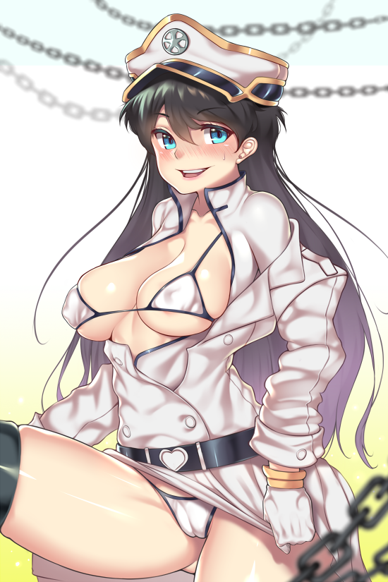 1girl, akoniii, bambietta_basterbine, belt, bikini, black_belt, black_hair, bleach, bleach:_sennen_kessen-hen, blue_eyes, blurry, blurry_background, blurry_foreground, blush, breasts, cameltoe, chain, cleavage, commentary, covered_erect_nipples, depth_of_field, english_commentary, female_focus, gloves, gluteal_fold, gradient_background, hat, jacket, large_breasts, long_hair, looking_at_viewer, military, military_uniform, off_shoulder, on_one_knee, open_clothes, open_jacket, open_mouth, panties, peaked_cap, quincy_(bleach), smile, solo, sweatdrop, swimsuit, underwear, wandenreich, white_bikini, white_panties, yellow_background