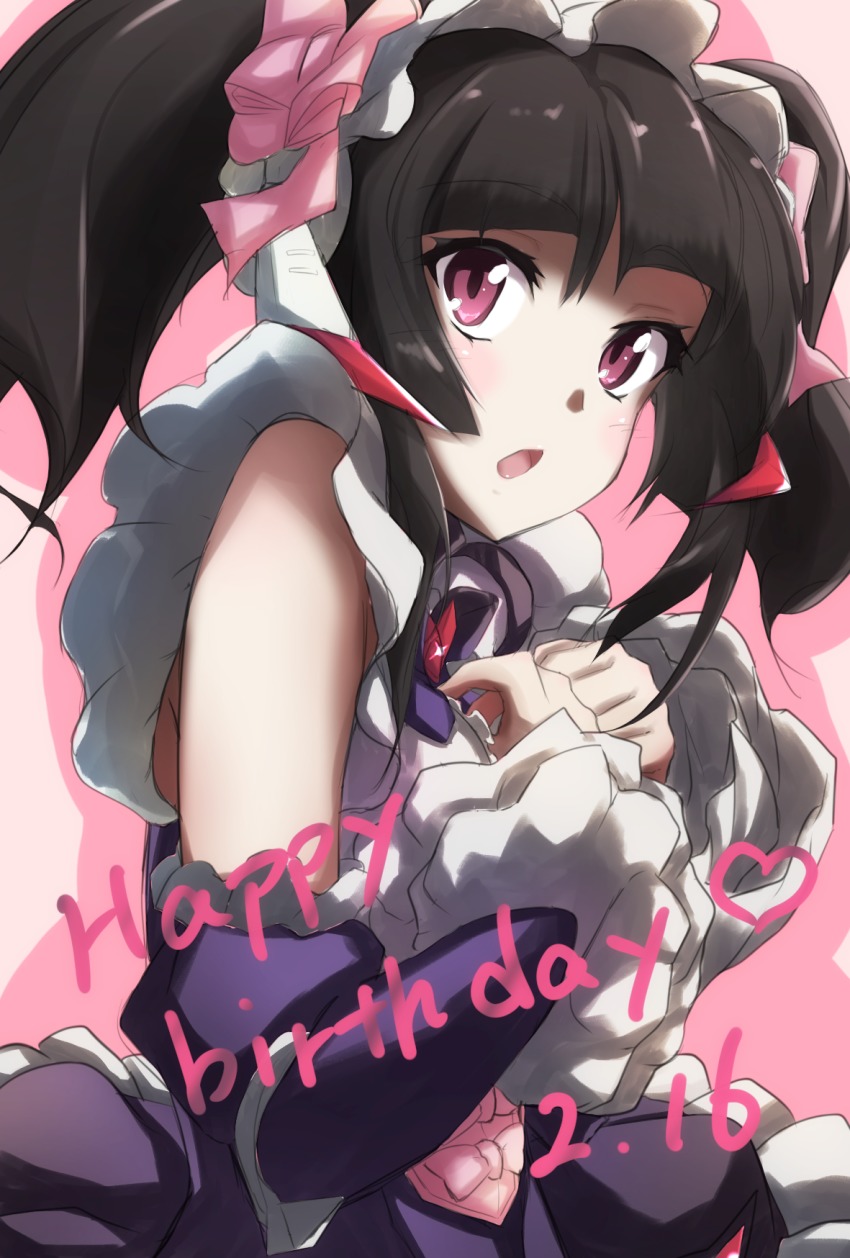 1girl, black_hair, bnb_(18750408), commentary_request, dated, female_focus, frilled_sleeves, frills, happy_birthday, highres, maid, maid_headdress, pink_background, purple_eyes, senki_zesshou_symphogear, senki_zesshou_symphogear_xd_unlimited, solo, tsukuyomi_shirabe, twintails