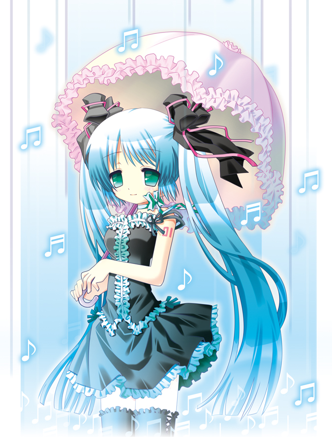 bad_id, bad_pixiv_id, blue_hair, choker, dress, frills, gothic_lolita, green_eyes