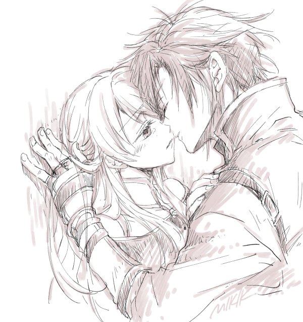 1boy, 1girl, bare_shoulders, closed_eyes, couple, dress, fingerless_gloves, fire_emblem