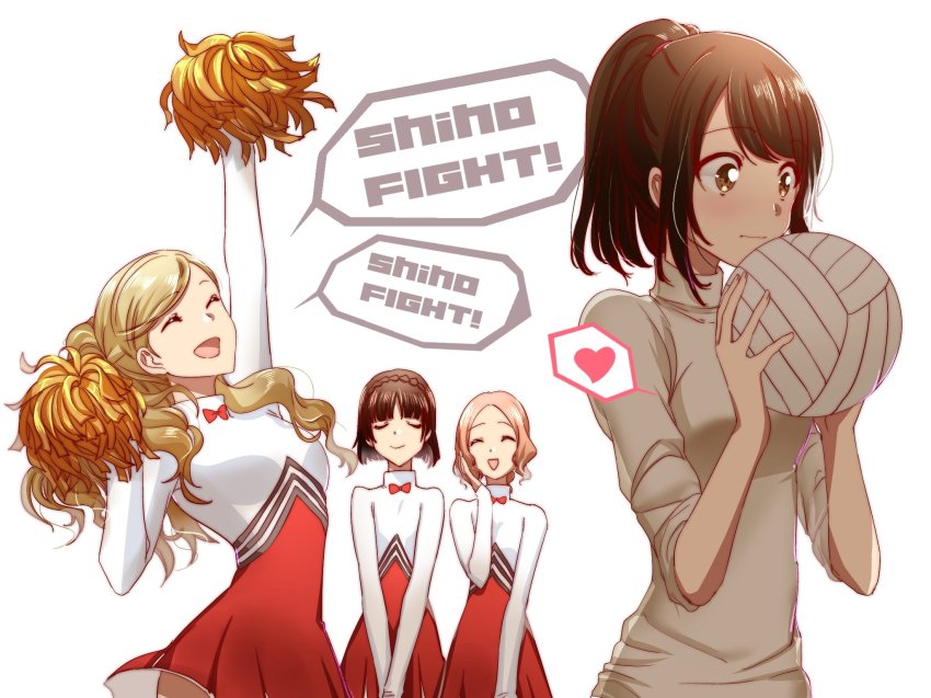 10s, 4girls, arm_up, atlus, ball, black_hair, blonde_hair, blush, bow, bowtie, braid, breasts, brown_eyes, brown_hair, cheering, cheerleader, closed_eyes, closed_mouth, crop_top, crop_top_overhang, crown_braid, english_text, facing_another, facing_away, facing_viewer, flustered, hair_ornament, hair_tie, hairclip, hand_up, hands_together, happy, heart, high_ponytail, highres, holding, holding_ball, holding_pom_poms, hood, hoodie, long_hair, looking_ahead, looking_to_the_side, medium_breasts, morihaw, multiple_girls, niijima_makoto, okumura_haru, open_mouth, persona, persona_5, persona_5:_dancing_star_night, persona_dancing, platinum_blonde_hair, pom_pom_(cheerleading), pom_poms, ponytail, school_uniform, shirt, shoes, short_hair, skirt, smile, sneakers, speech_bubble, spoken_heart, standing, suzui_shiho, takamaki_anne, talking, tongue, twintails, upper_body, volleyball_(object), white_background, white_shirt