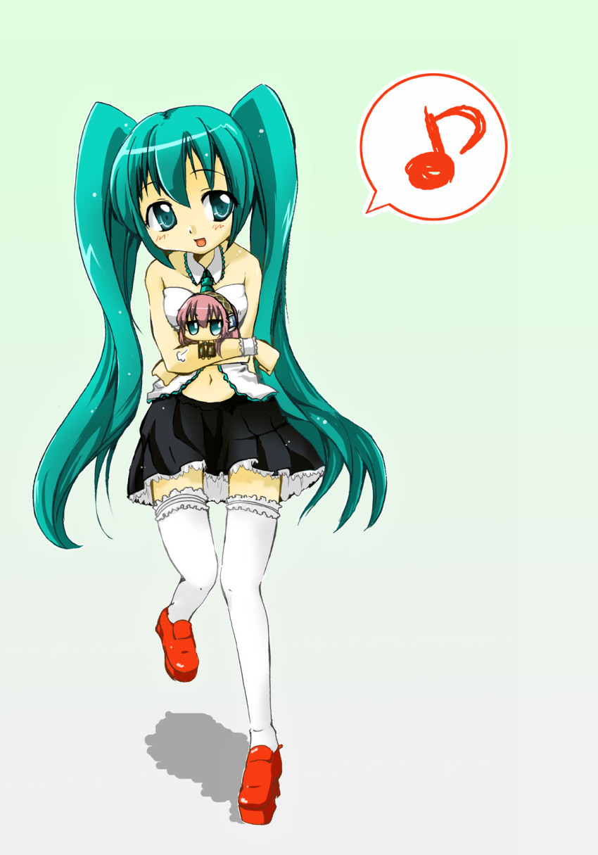 2girls, aqua_eyes, aqua_hair, carrying, chibi, hatsune_miku, higeneko_(idemoto), highres