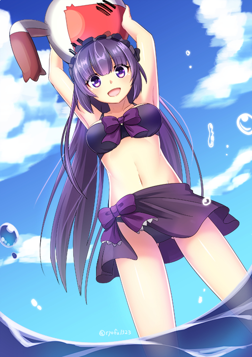 1girl, bad_id, bad_pixiv_id, beach, bikini, black_bikini, blunt_bangs, bow