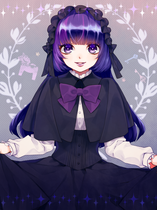 1girl, black_capelet, black_ribbon, black_skirt, blue_hair, bow, capelet, corset, gothic_lolita, headdress, holding_own_skirt, light_smile, lips, lolita_fashion, long_hair, long_sleeves, looking_at_viewer, marie_marie, multicolored_hair, purple_bow, purple_eyes, purple_hair, ribbon, shizutani, skirt, smile, sound_horizon, vanishing_starlight