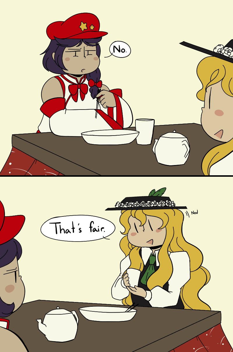 2girls, blonde_hair, blush_stickers, bowl, chopsticks, comic, cup, detached_sleeves