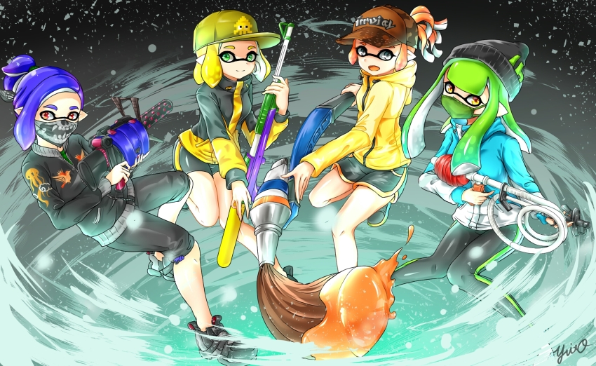 .96_gal_(splatoon), 4girls, aqua_jacket, artist_name, bandana, bandana_over_mouth, baseball_cap, beanie