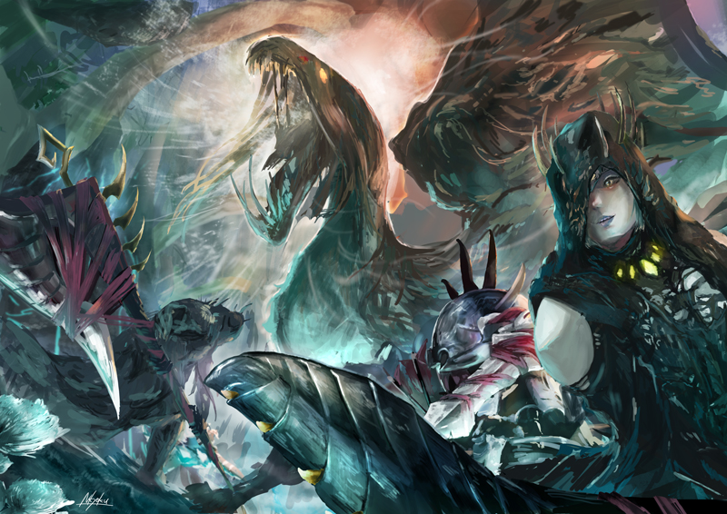 1girl, axe, cave, commentary_request, dragon, felyne, fisheye, helmet