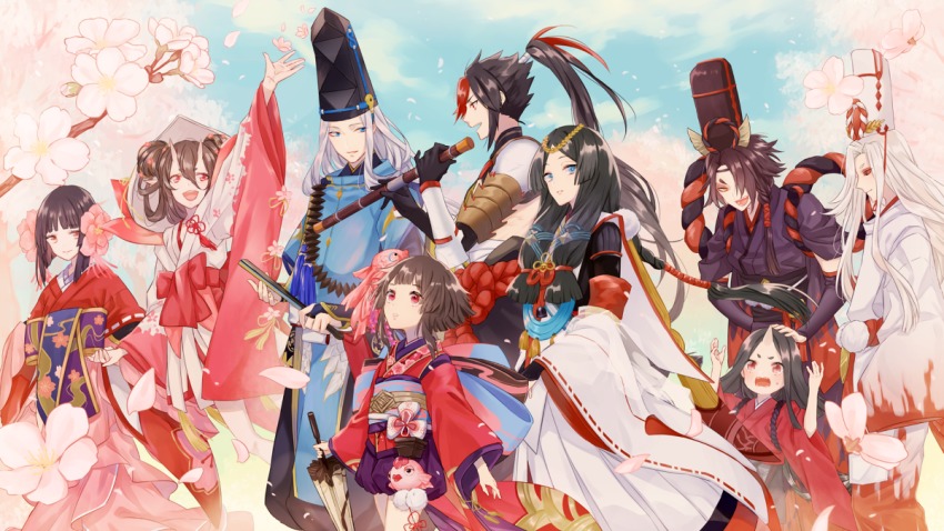 1boy, 4boys, 5girls, :d, abe_no_seimei_(onmyoji), arm_up, black_gloves, black_hair