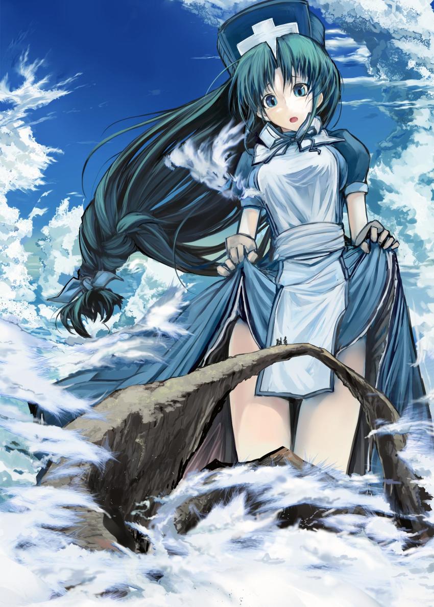 1girl, blue_eyes, blue_hat, clothes_lift, cross, day, eliza_(yunzo), giant