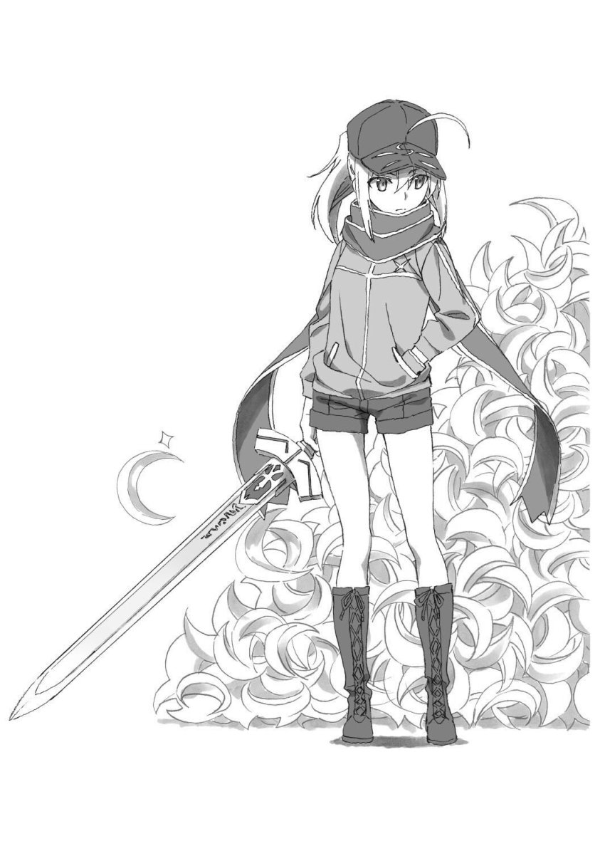 1girl, ahoge, artoria_pendragon_(fate), baseball_cap, boots, commentary_request, fate/grand_order, fate_(series)