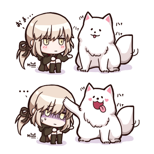 1girl, 2koma, :3, artoria_pendragon_(fate), black_ribbon, black_socks, blonde_hair, blush, chibi, comic, dog, fate/grand_order, fate/stay_night, fate_(series), florencemomo, hair_ribbon, kneehighs, long_sleeves, low_ponytail, lowres, no_nose, open_mouth, ponytail, ribbon, saber_alter, saber_alter_(ver._shinjuku_1999), shaded_face, sitting, socks, sweat, tongue, tongue_out, white_background, yellow_eyes