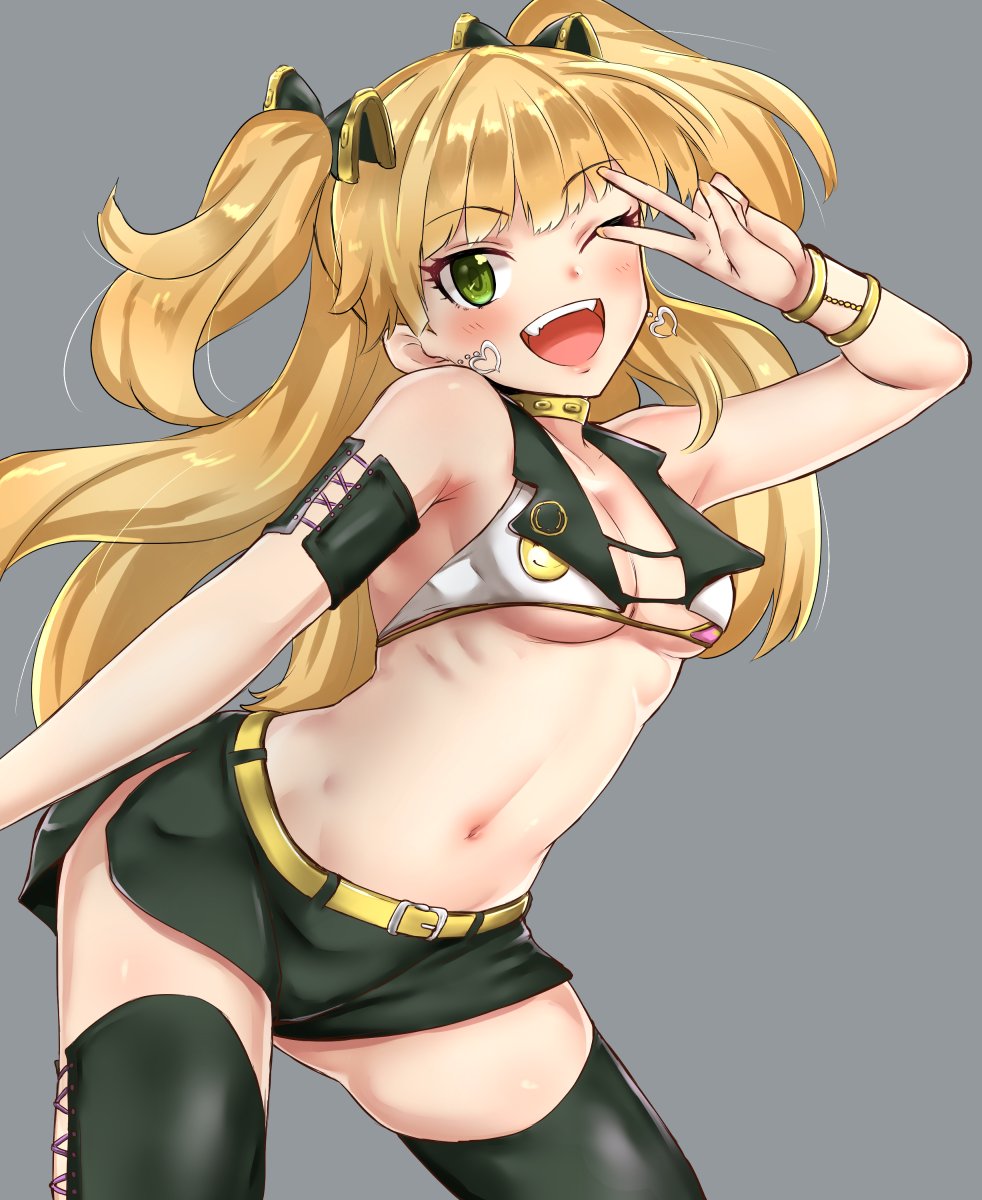 1girl, badge, belt, belt_buckle, black_boots, black_shorts, blonde_hair, blush
