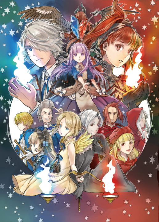 1girl, 6+boys, 6+girls, black_gloves, blonde_hair, blue_eyes, blue_ribbon, braid