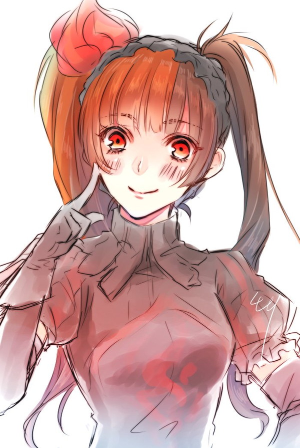 1girl, bad_id, bad_pixiv_id, black_gloves, blush, brown_hair, female_focus, finger_to_cheek, gloves, headdress, layla_(sound_horizon), long_hair, looking_at_viewer, multicolored_hair, orange_eyes, orange_hair, puffy_sleeves, seisen_no_iberia, shishiyon, smile, solo, sound_horizon, striped_sleeves, twintails