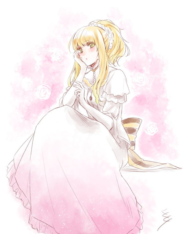 1girl, bad_id, bad_pixiv_id, blonde_hair, blush, bow, capelet, dress