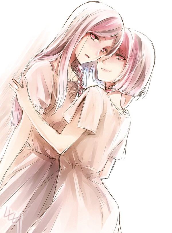 2girls, artemisia, bad_id, bad_pixiv_id, braid, brown_hair, dress, dual_persona