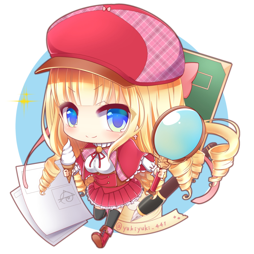 >:), 1girl, black_thighhighs, blonde_hair, blue_eyes, blush, boots, breasts