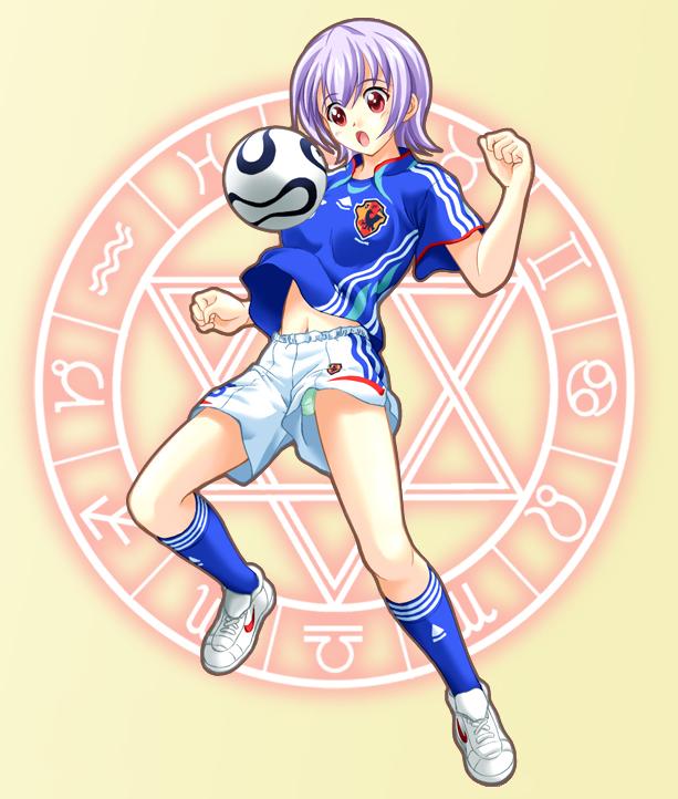 00s, 1girl, aquarius_(zodiac), aquarius_symbol, aries_symbol, ball, blush, cancer_symbol, capricorn_symbol, circle, clenched_hand, exif_thumbnail_surprise, female_focus, gemini_symbol, green_panties, izumi_ako, japan, legs, magic_circle, mahou_sensei_negima!, navel, nike_(company), open_mouth, panties, pantyshot, pink_eyes, pisces_symbol, playing_sports, purple_hair, sagittarius_symbol, scorpio_symbol, shoes, short_hair, shorts, sneakers, soccer, soccer_ball, socks, solo, sportswear, taurus_symbol, teamgeist, underwear, upshorts, virgo_symbol, zodiac