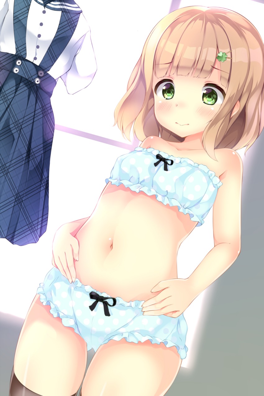 1girl, bare_shoulders, black_thighhighs, blue_panties, blush, closed_mouth, commentary_request, female_focus