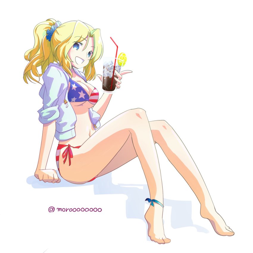 10s, 1girl, :d, alternate_hairstyle, american_flag, american_flag_bikini, american_flag_print, anklet, arm_support, bikini, bikini_under_clothes, blonde_hair, blue_eyes, blue_jacket, breasts, cleavage, drinking_straw, female_focus, flag_print, flag_print_bikini, food, fruit, full_body, girls_und_panzer, glass, hair_intakes, hair_up, highres, holding, hood, hooded_jacket, hoodie, ice, invisible_chair, jacket, jewelry, kay_(girls_und_panzer), lemon, long_hair, long_sleeves, looking_at_viewer, medium_breasts, moro_(like_the_gale!), navel, open_clothes, open_jacket, open_mouth, ponytail, print_bikini, scrunchie, short_ponytail, side-tie_bikini_bottom, sitting, sleeves_rolled_up, smile, solo, swimsuit, twitter_username, white_background