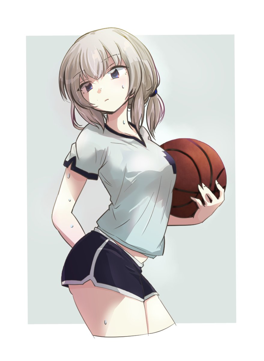 10s, 1girl, alternate_hairstyle, arm_behind_back, ball, basketball, basketball_(object), black_shorts