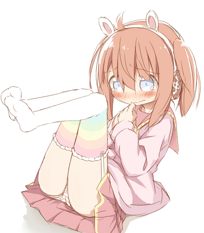 1girl, animal_ear_headphones, animal_ears, ass, blue_eyes, blush, brown_hair, bunny_headphones