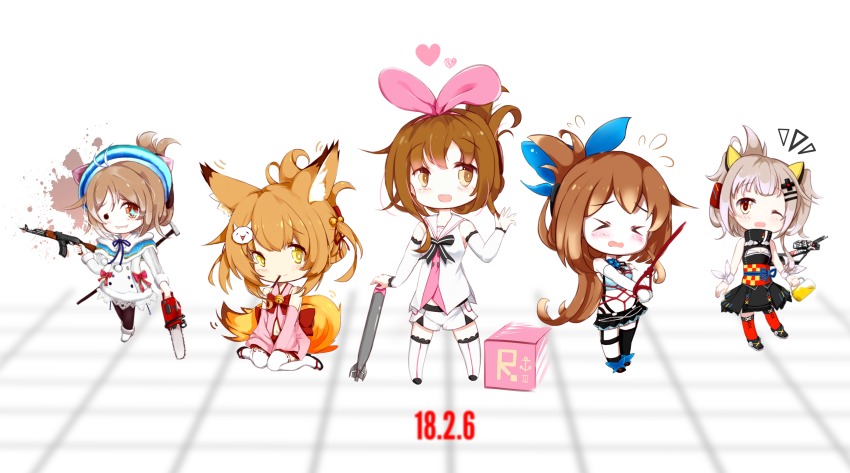 >_<, +_+, .live, 5girls, :d, absurdres, ak-47, alcohol