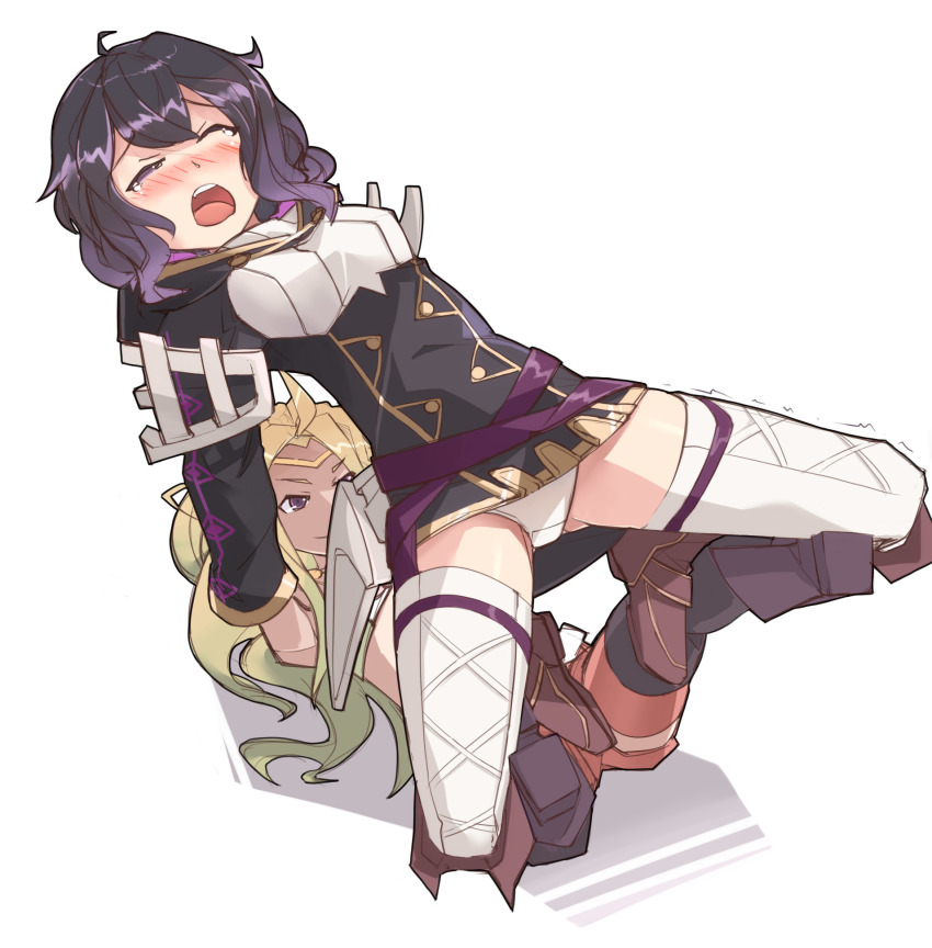 2girls, blonde_hair, boots, closed_eyes, female_morgan_(fire_emblem), fire_emblem, fire_emblem_awakening, fire_emblem_heroes, highres, jaegan, multiple_girls, nintendo, nowi_(fire_emblem), open_mouth, panties, pantyshot, purple_hair, submission_hold, surfboard_(wrestling), tagme, thigh_boots, thighhighs, underwear, wavy_hair, white_background, wrestling