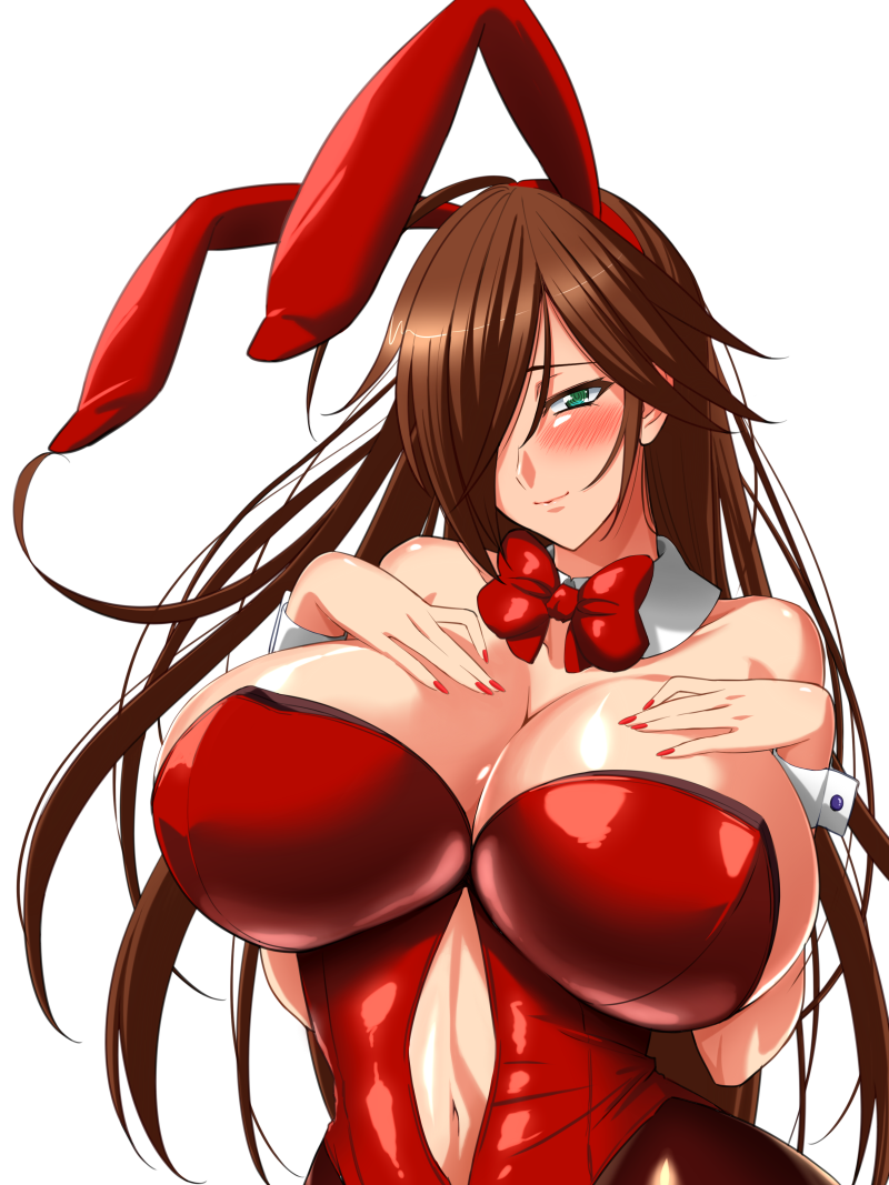 1girl, animal_ears, blush, breasts, brown_hair, cleavage, commentary_request, cowboy_shot, detached_collar, detached_sleeves, fake_animal_ears, flame_master_nyx, green_eyes, hair_over_one_eye, hand_on_own_chest, huge_breasts, long_hair, looking_at_viewer, nail_polish, navel, nyx_(queen's_blade), pantyhose, playboy_bunny, queen's_blade, rabbit_ears, shiny_skin, simple_background, smile, stomach, tamezou, white_background