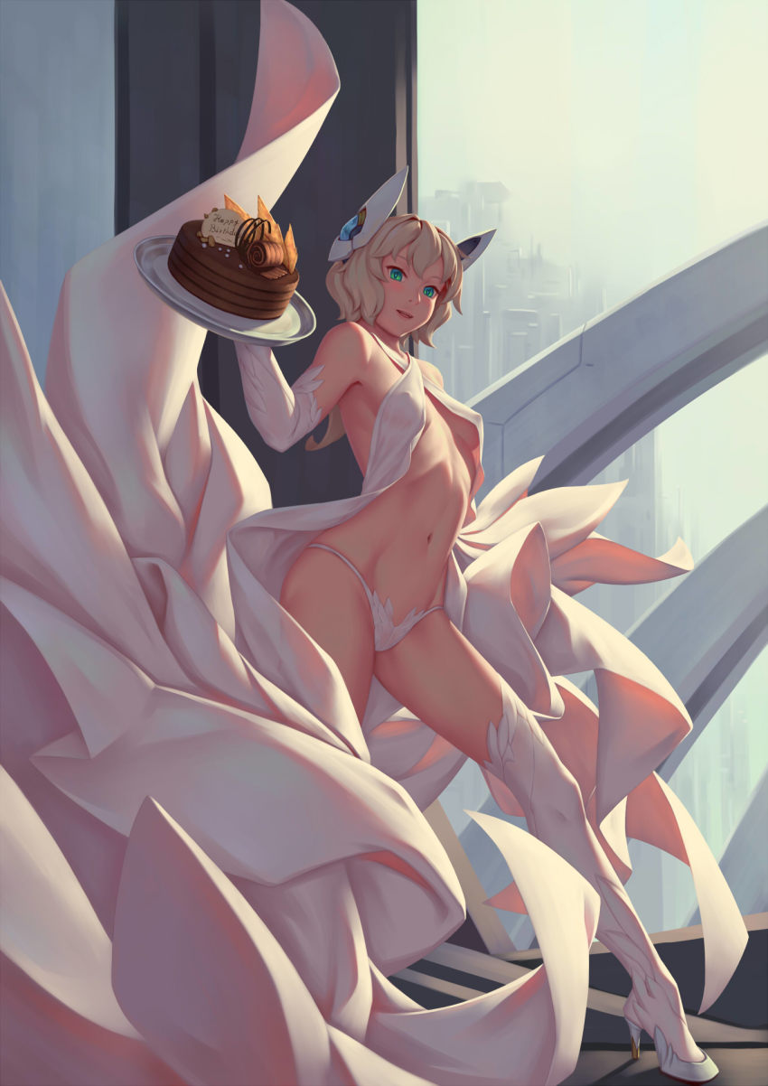 1girl, arched_back, bare_shoulders, bigrbear, birthday_cake, blonde_hair, boots, breasts, breasts_apart, cake, covered_erect_nipples, elbow_gloves, female_focus, food, gloves, green_eyes, halterneck, high_heel_boots, high_heels, highres, indoors, legs_apart, mecha_musume, midriff, navel, no_bra, open_mouth, original, plantar_flexion, plate, revealing_clothes, short_hair, small_breasts, solo, standing, thigh_boots, thighhighs, white_boots, white_thighhighs