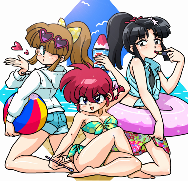 1girl, 2boys, bikini, blowing_kiss, crossdressing, food, genderswap, genderswap_(mtf), konatsu_(ranma_1/2), kurenai_tsubasa, lipstick, makeup, multiple_boys, ponytail, ranma-chan, ranma_1/2, saotome_ranma, sarong, shaved_ice, shirt, shorts, swimsuit, tied_shirt, trait_connection, trap, wanta_(futoshi)