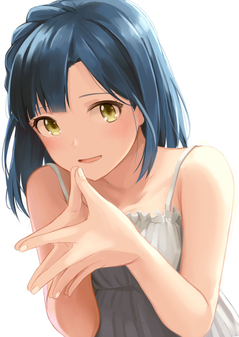 1girl, bad_id, bad_twitter_id, blue_hair, blush, dress, female_focus, hinoshita_akame