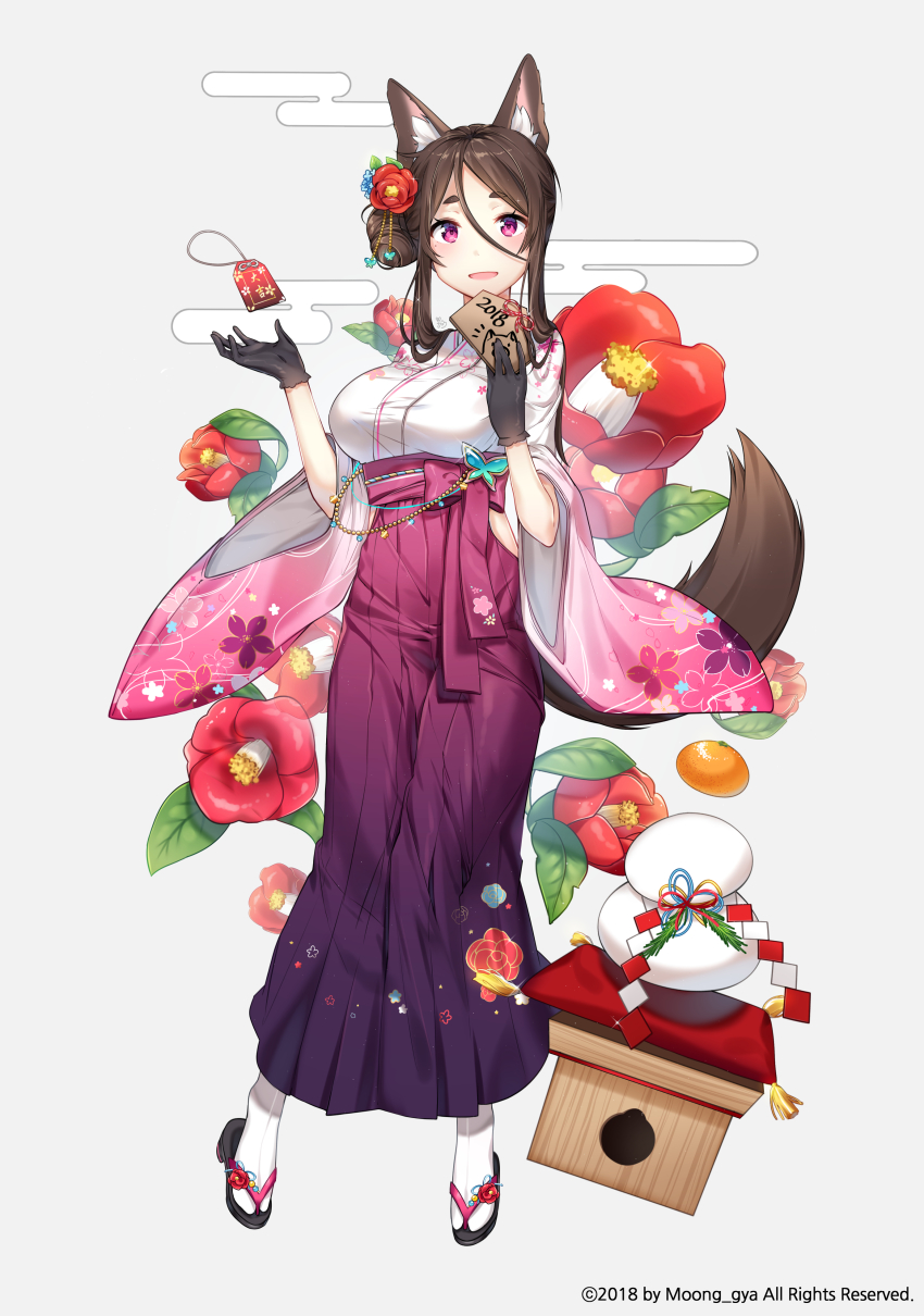 1girl, 2018, :d, absurdres, animal_ears, bad_id, bad_pixiv_id, black_gloves, black_sandals, breasts, brown_hair, chinese_zodiac, dog_ears, dog_girl, dog_tail, egasumi, ema, female_focus, floral_print, flower, food, fruit, full_body, gloves, gradient_clothes, gradient_hakama, gradient_kimono, grey_background, hair_between_eyes, hair_bun, hakama, hakama_skirt, highres, japanese_clothes, kagami_mochi, kimono, large_breasts, long_sleeves, looking_at_viewer, mandarin_orange, moong_gya, open_mouth, original, pink_kimono, print_kimono, purple_eyes, purple_hakama, red_flower, sandals, side_bun, single_hair_bun, single_side_bun, skirt, smile, socks, solo, tabi, table, tail, thick_eyebrows, white_kimono, white_socks, wide_sleeves, year_of_the_dog, zouri