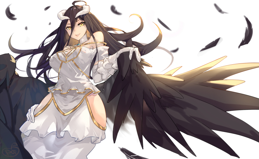 1girl, albedo_(overlord), bare_shoulders, black_hair, black_wings, breasts, demon_girl, demon_horns, demon_wings, dress, female_focus, gloves, hair_between_eyes, highres, horns, large_breasts, oversized_wings, long_hair, looking_at_viewer, mou_zhi_pingguo, overlord_(maruyama), short_sleeves, simple_background, smile, solo, thighhighs, thighs, white_dress, white_gloves, wings, yellow_eyes