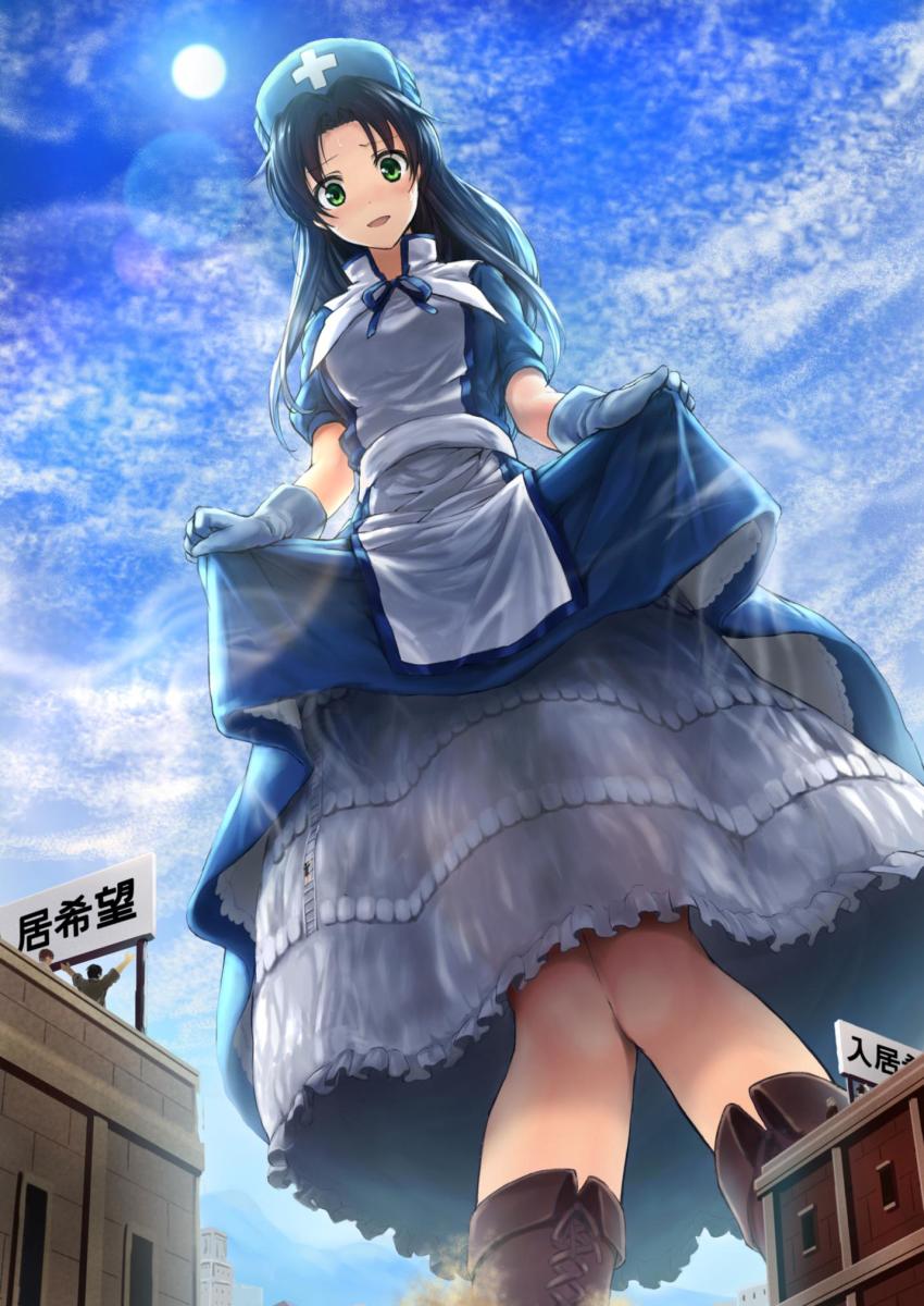 1girl, blush, cross, eliza_(yunzo), female_focus, giant, giantess, green_eyes