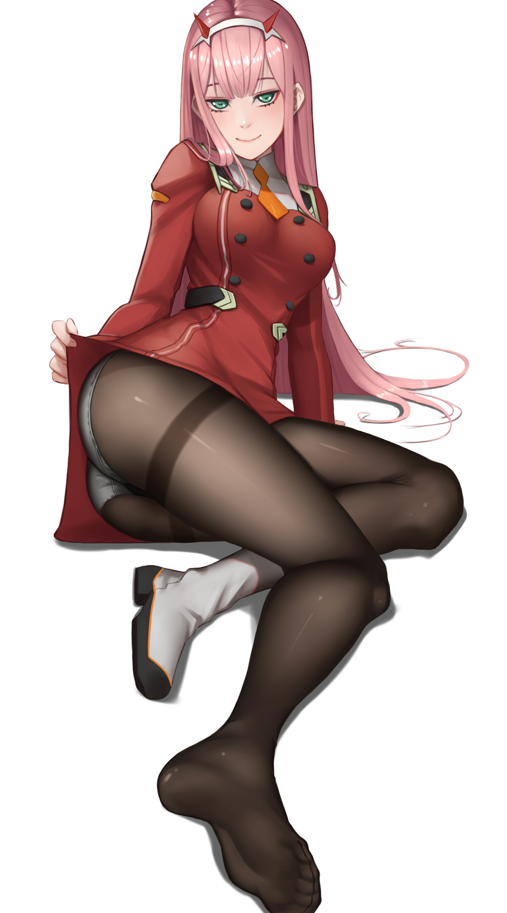 10s, ass, black_pantyhose, breasts, clothes_lift, darling_in_the_franxx, dress, dress_lift