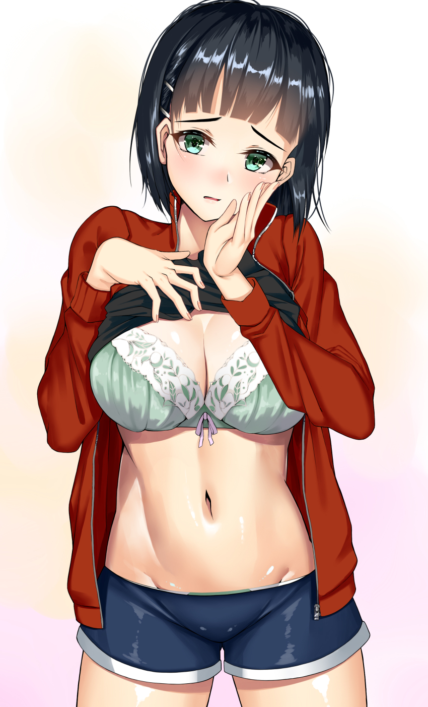 1girl, absurdres, black_hair, black_shirt, blue_shorts, blunt_bangs, blush, bob_cut, bra, breasts, cleavage, clothes_lift, cowboy_shot, female_focus, gradient_background, green_bra, green_eyes, hair_ornament, hairclip, head_tilt, highres, jacket, kirigaya_suguha, large_breasts, legs_apart, lifting_own_clothes, long_sleeves, looking_at_viewer, nail_polish, navel, nose_blush, open_clothes, open_jacket, parted_lips, pink_nails, raised_eyebrows, red_jacket, shirt, shirt_lift, short_hair, shorts, simple_background, solo, standing, stomach, straight-on, suika_(atelier-yuu), sword_art_online, tareme, track_jacket, underwear, unzipped