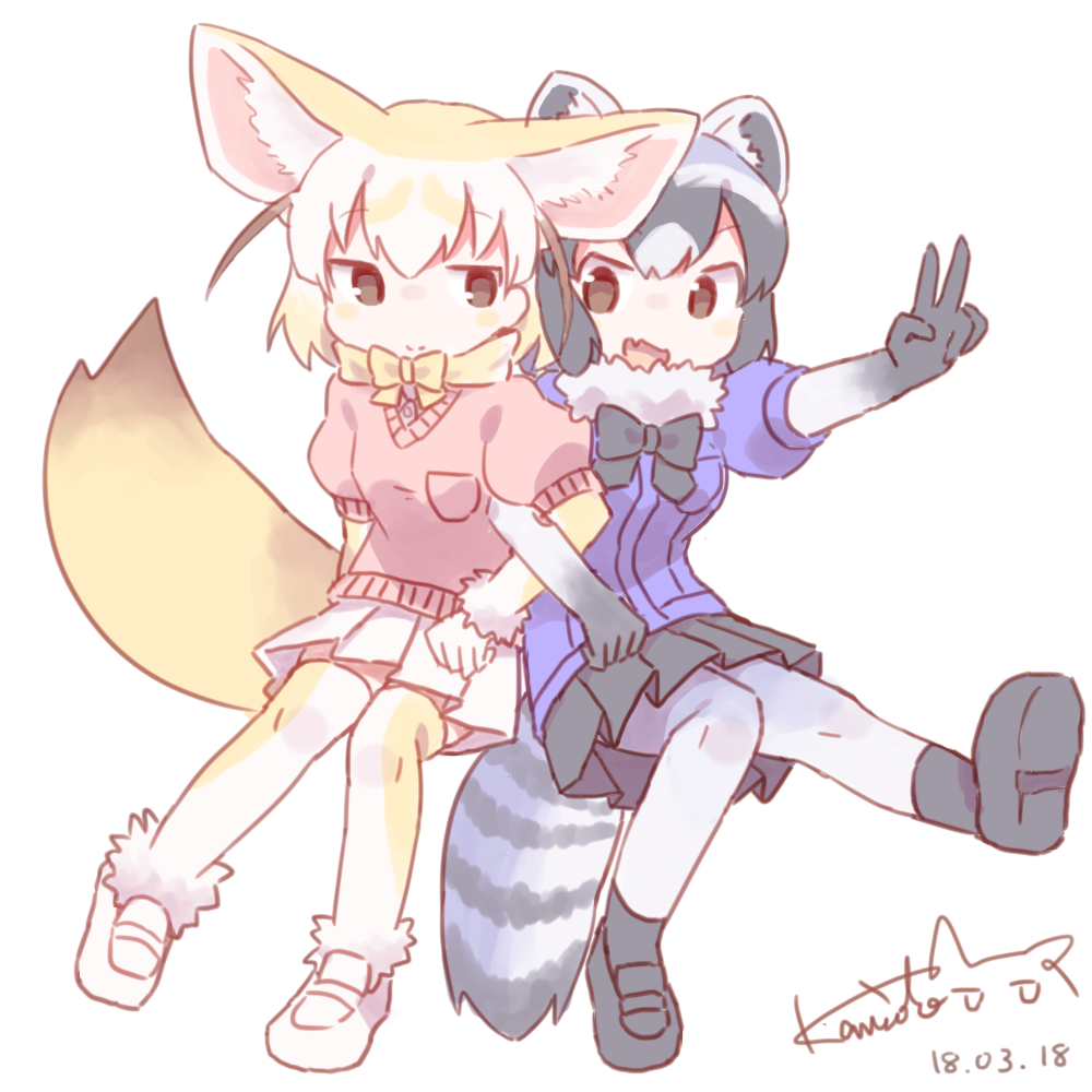 10s, 2girls, :d, animal_ears, black_hair, black_skirt, blonde_hair, bow