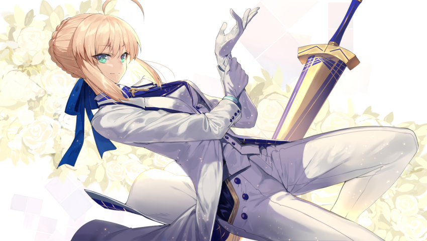 1girl, adjusting_clothes, adjusting_gloves, ahoge, arthur_pendragon_(fate), arthur_pendragon_(fate)_(cosplay), arthur_pendragon_(white_rose)_(fate), artoria_pendragon_(fate)