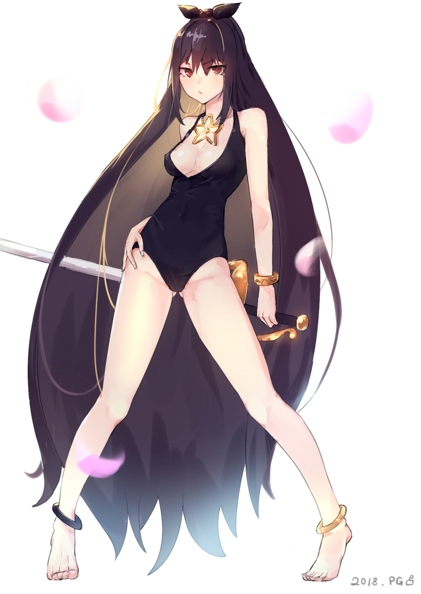 1girl, anklet, barefoot, black_hair, black_one-piece_swimsuit, bracelet, breasts, cleavage, contrapposto, covered_erect_nipples, covered_navel, dated, dungeon_and_fighter, female_focus, full_body, hair_between_eyes, hand_on_own_hip, highres, holding, holding_sword, holding_weapon, jewelry, long_hair, looking_at_viewer, medium_breasts, mou_zhi_pingguo, necklace, one-piece_swimsuit, petals, red_eyes, solo, standing, star_(symbol), star_necklace, swimsuit, sword, tiptoes, very_long_hair, weapon