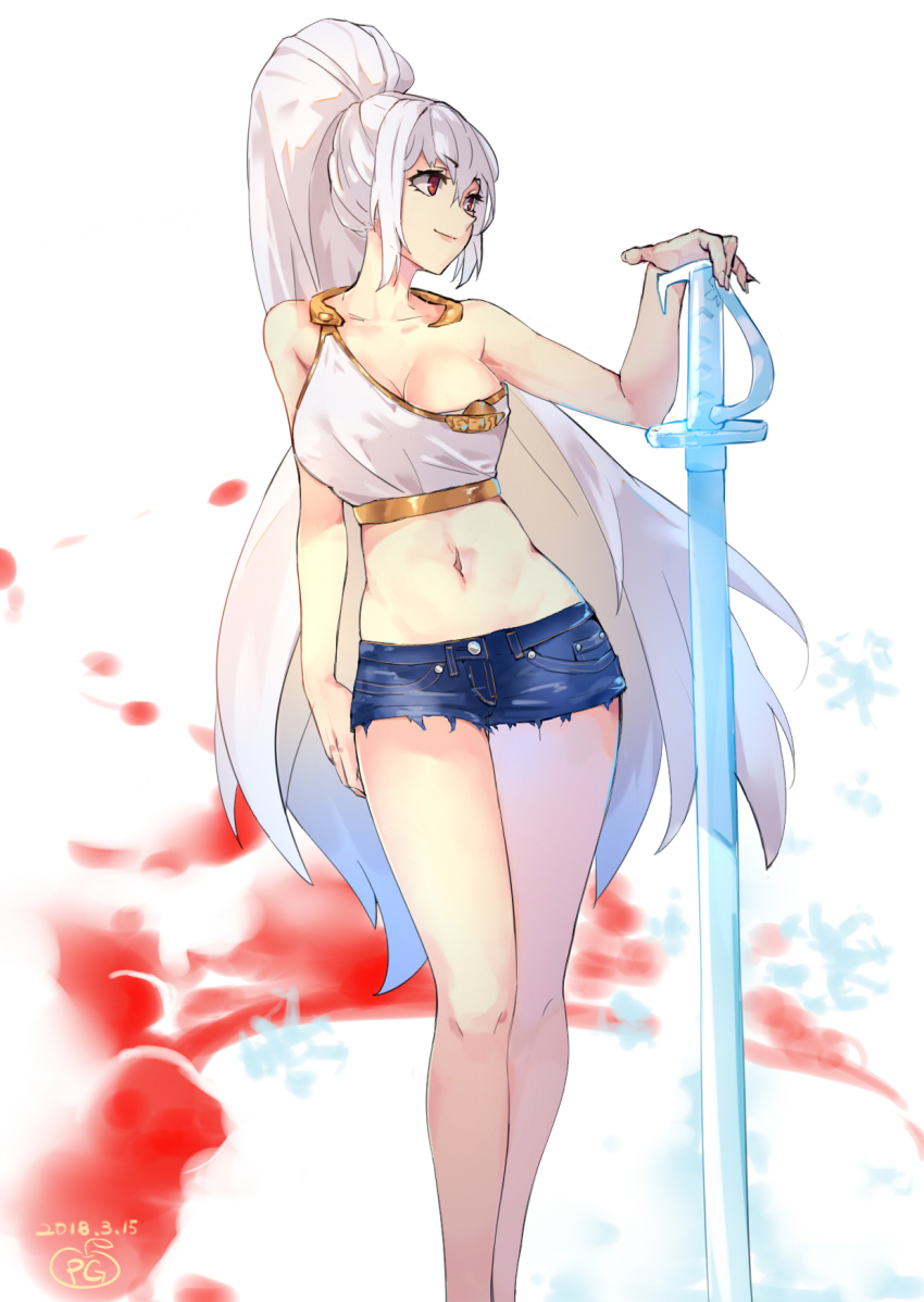 1girl, breasts, cutoffs, dated, denim, denim_shorts, dungeon_and_fighter, female_focus, female_slayer_(dungeon_and_fighter), halterneck, highres, large_breasts, long_hair, looking_to_the_side, midriff, mou_zhi_pingguo, navel, ponytail, red_eyes, short_shorts, shorts, smile, solo, standing, sword, very_long_hair, weapon, white_hair