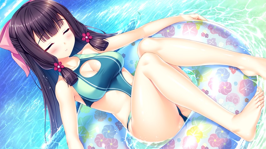 1girl, bow, breasts, closed_eyes, game_cg, green_one-piece_swimsuit, hair_bow, long_hair