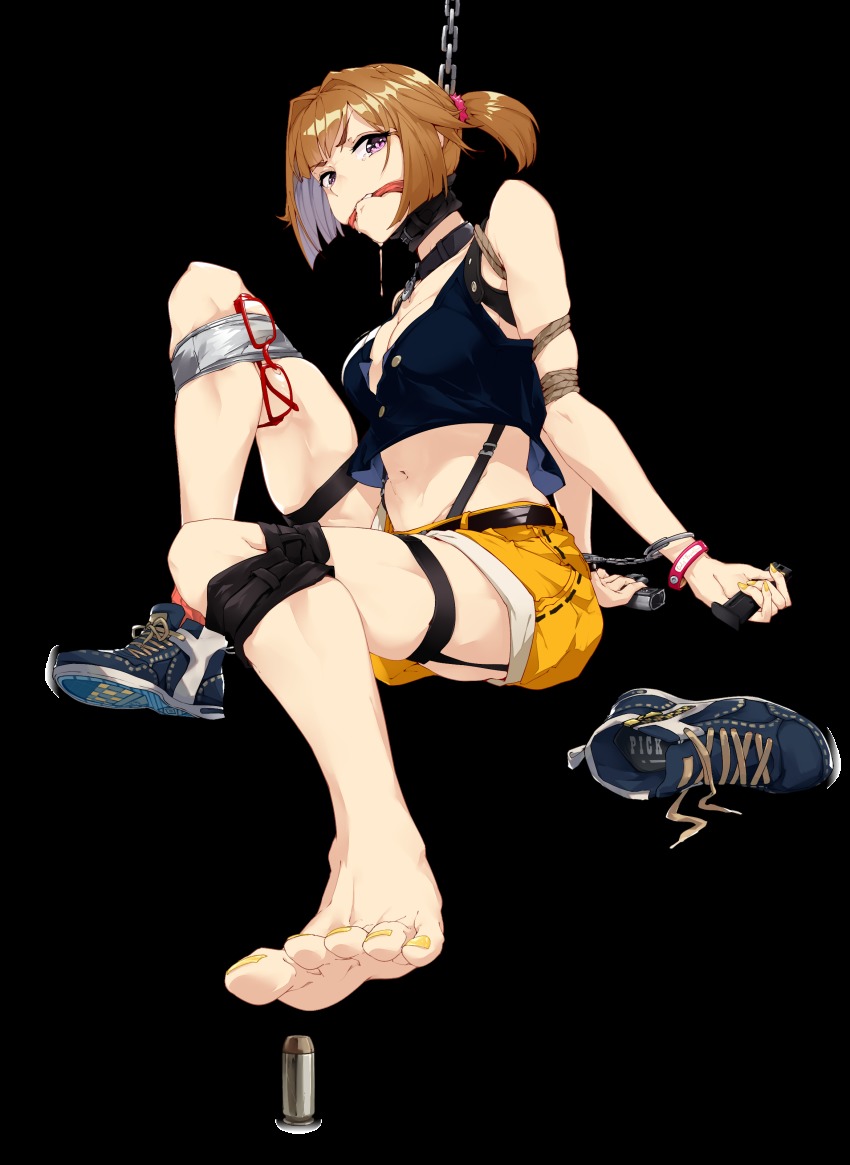 .50_action-express, 1girl, absurdres, action_arms, ammunition, arms_behind_back, barefoot, bdsm