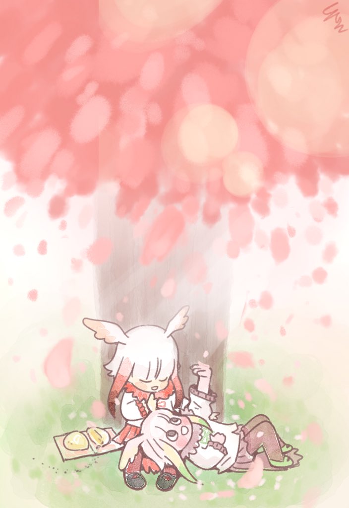 10s, 2girls, :d, ap_dul, arm_up, cellien_(kemono_friends), chibi, closed_eyes, day, food, head_wings, japanese_crested_ibis_(kemono_friends), japari_bun, kemono_friends, lap_pillow, looking_at_another, lying, multicolored_hair, multiple_girls, on_back, open_mouth, outdoors, pantyhose, petals, sitting, smile, tree, under_tree, white_hair, wings